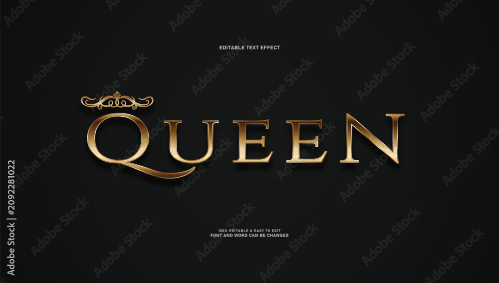 Fototapeta premium Queen luxury gold text effect with elegant crown ornament