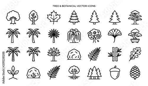 Linear Tree Icons Collection with Forest and Botanical Outline Elements