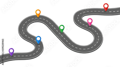 Winding asphalt road with colorful location pins isolated on transparent background