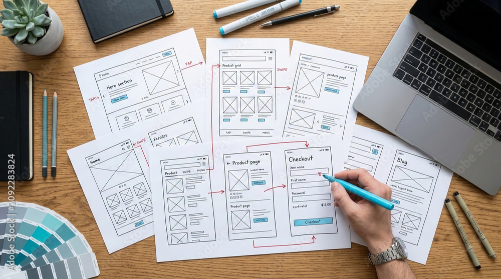 Obraz premium Paper sketches of website interface design, showing user flow and layout, representing the creative process of digital product development and planning