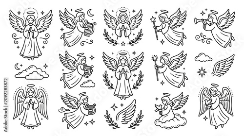Foto Cute Angel Illustrations: Collection of Hand-Drawn Heavenly Beings with Wings an