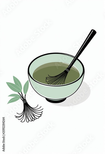 Illustration of a bowl with green liquid and a whisk
