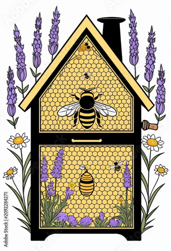 Illustrated Beehive with Bees and Flowers