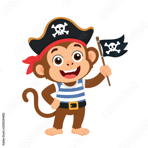 Photography Cute pirate monkey wearing a striped shirt and captain's hat, waving a pirate flag with a skull emblem