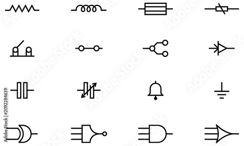 A collection of sixteen black electronic circuit symbols including resistors, capacitors, switches, and logic gates on a white background