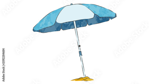 Fotografie Watercolor style illustration of a blue and white beach umbrella standing on yel