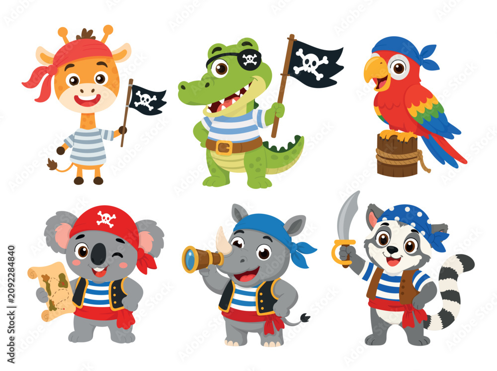 Obraz premium Cute pirate animal collection with giraffe, crocodile, parrot, koala, rhinoceros and lemur. Flat vector cartoon characters isolated on white background