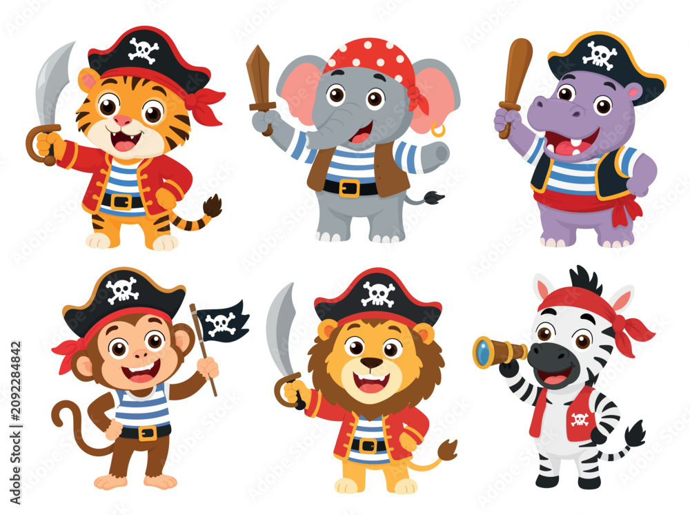 Obraz premium Cute pirate animal cartoon collection featuring tiger, elephant, hippo, monkey, lion and zebra. Flat vector illustrations isolated on a white background.
