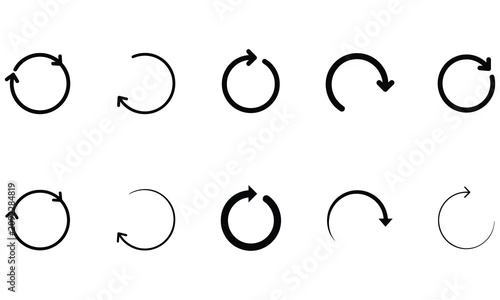 A collection of ten black circular arrow representing refresh, reload, and rotation actions isolated on a white background