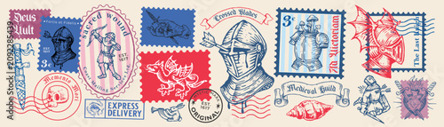 Photos Vintage medieval postage stamp collection featuring knights, crusader helmets, swords, heraldic emblems, gothic hearts, griffin and engraved fantasy elements