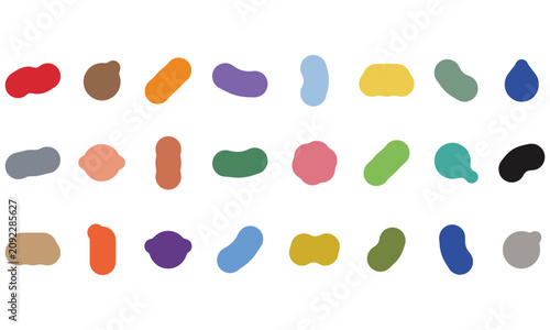 A collection of twenty-four colorful organic blob shapes isolated on a white background, featuring various rounded and irregular silhouettes