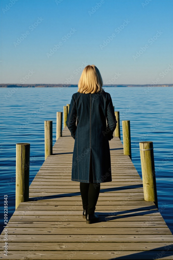 Fototapeta premium Blond woman stands on wooden pier looking at vast blue water. She wears long denim coat and black boots. Calm seascape and clear sky. Enjoying nature and quiet time.