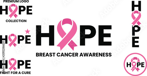 Hope breast cancer awareness logos with pink ribbon variations