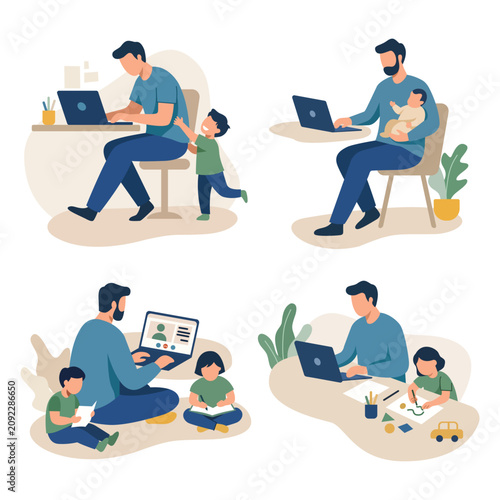 Принти на полотні Multitasking remote working father balancing office work from home and babysitti