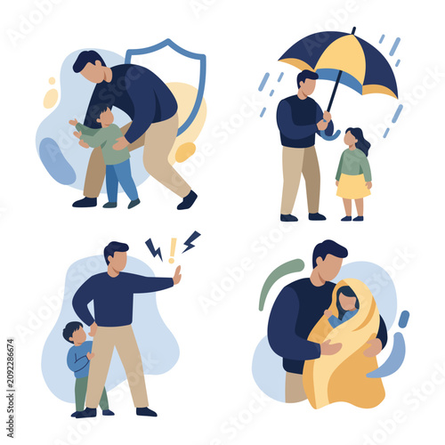 Принти на полотні Brave protective father defending his scared child from thunder and imaginary mo