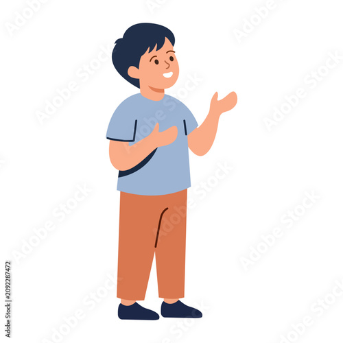 Принти на полотні Expressive little boy standing and talking with hand gestures isolated communica