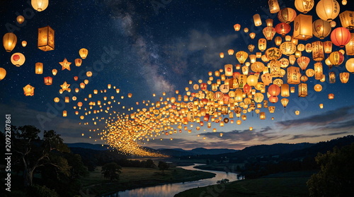 Thousands of glowing lanterns ascend into starry night sky over river valley