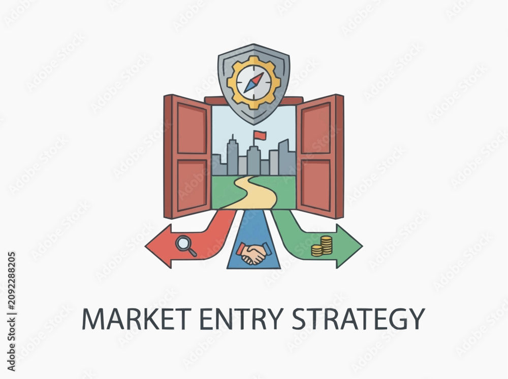 Naklejka premium Market entry strategy with visual representation of different pathways and icons like magnifying glass, handshake, and money for the concept of business planning and growth.