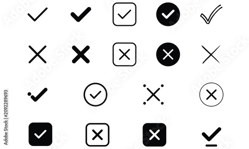 Collection of black check mark and cross on a white background, featuring various styles including circled, boxed, and simple line versions