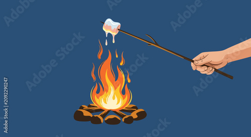 Melting marshmallow on a stick over a glowing campfire flames