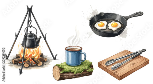 Campfire cooking equipment set with kettle skillet and coffee mug