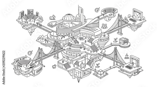 Konstfotografi Futuristic Cityscape Isometric Illustration with Floating Islands and Bridges