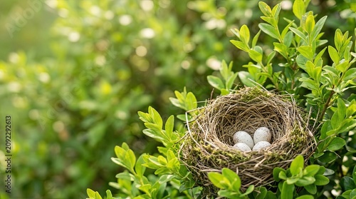 A small, woven bird's nest sits nestled among lush green leaves and branches. Inside the nest, three delicate white bird eggs are nestled.