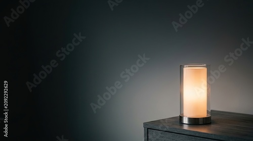 A modern table lamp emits a warm, golden glow. The lamp sits on a dark wooden surface, casting a soft light onto the surrounding area.
