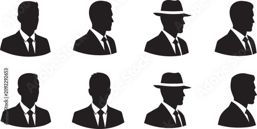 Schilderij op canvas Businessmen silhouettes in profile and frontal views wearing suits and hats agai