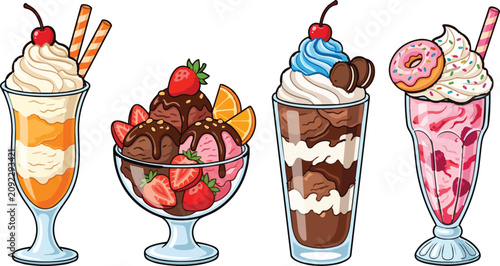 Bild auf Leinwand Colorful collection of delicious ice cream sundaes and sweet milkshakes presente