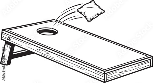 Foto Black and white cornhole board with bean bag flying toward hole in vector on tra
