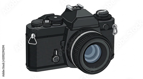 Photos A black digital single lens reflex camera with a large lens and multiple dials