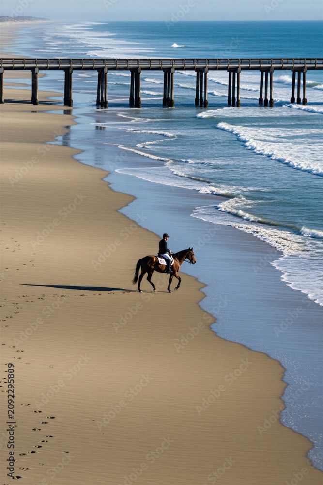 Fototapeta premium Person rides brown horse along sandy shore near ocean waves. Wooden pier stretches over blue sea water. Clear sky above calm beach landscape.