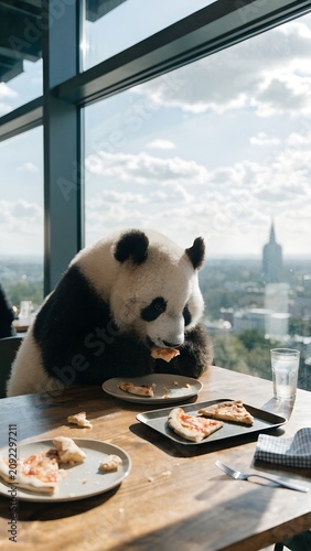 Charming panda tasting fresh pizza beside restaurant window Vertical commercial artwork created for pizzeria business branding advertising social media marketing promotional campaigns
