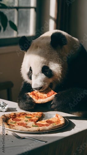 Restaurant dining experience with panda eating hot pizza Vertical marketing design suitable for pizzeria business promotion advertising social media commercial branding success