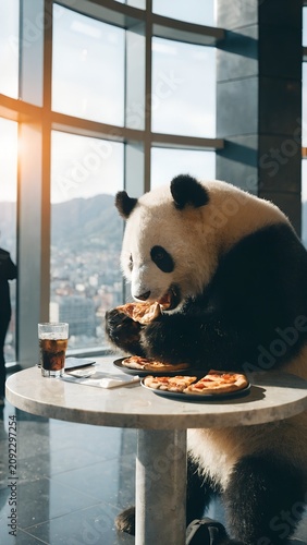 Friendly panda enjoying handcrafted pizza with cheerful expression Vertical composition crafted for pizzeria business advertising social media branding promotional visual communication projects