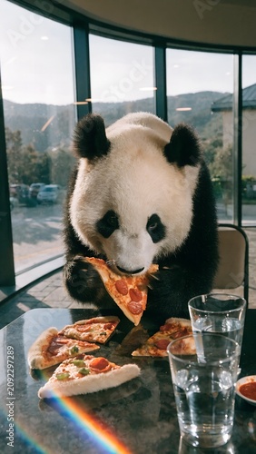 Adorable panda holding pizza slice during restaurant meal Vertical advertising concept developed for pizzeria business promotion branding social media creative marketing campaigns