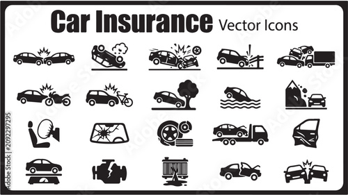Car Insurance Vector Icons Set, Automobile Accident and Road Crash Pictograms, Vehicle Damage and Towing Service Symbols for Claims Processing
