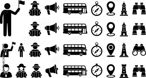 Schilderij op canvas Travel Tour Guide and City Sightseeing Icon Set Featuring Double Decker Bus, Com