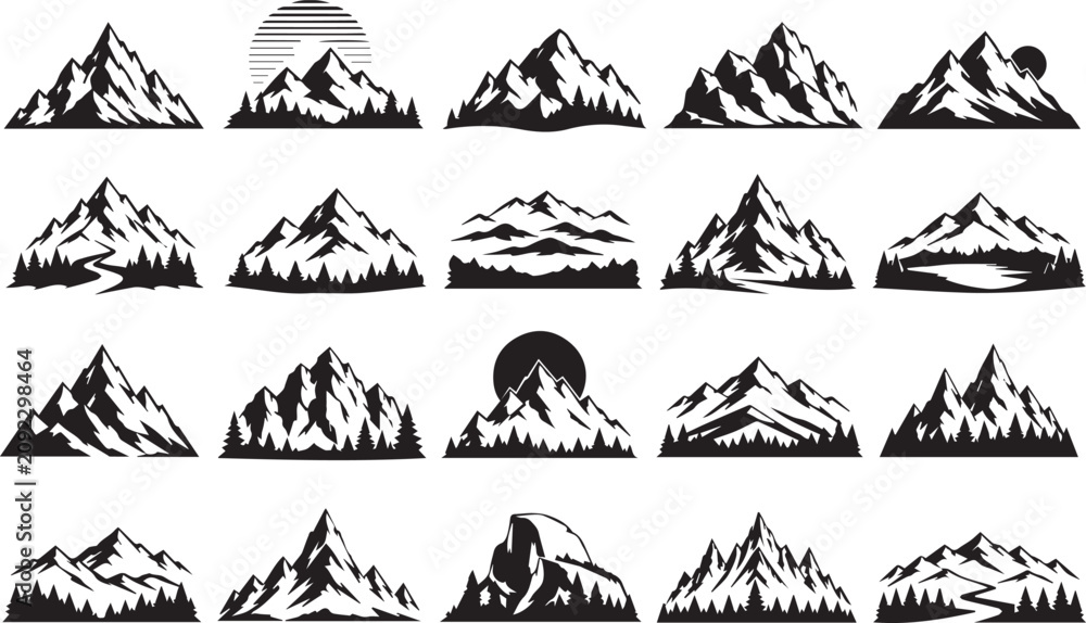 Obraz premium Black silhouette mountain range icons, minimalist landscape, vector graphics