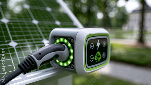 Ladestation für Elektroauto zeigt grünes Display vor Solarpanel