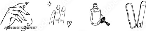 Konstfotografi Manicure and Nail Salon Line Art Icon Set with Hand Poses, Long Nails, Polish Bo