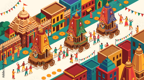 Isometric view of rath yatra festival street procession with wooden chariots and festive decoration.