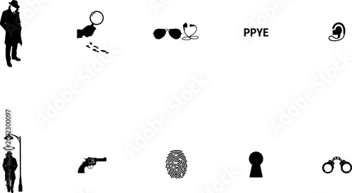 Detective and Private Investigator Crime Icon Set with Spy Silhouette, Magnifying Glass, Footprints, Sunglasses, Fingerprints, and Handcuffs Vector Design