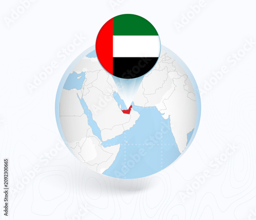 United Arab Emirates Map with Round United Arab Emirates Flag Pin Pointer on Circular Globe.