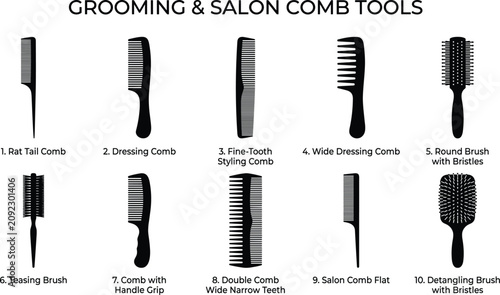 Photos Grooming and salon comb tools vector set with text description different types of hair combs