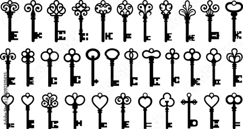 Vintage skeleton keys silhouette vector icons set isolated on white background antique old design elements for logos