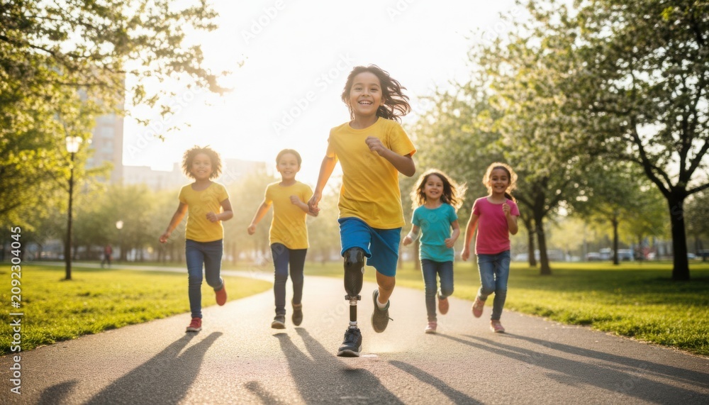 Fototapeta premium A joyful group of children running along a sunlit park path with one child using a prosthetic leg celebrating inclusion energy and the spirit of active childhood