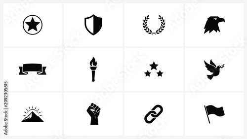 Twelve minimalist black symbol icons set featuring stars shields flame torches birds and flags on white background with abstract motifs chains fists