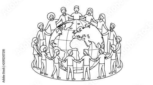 Diverse People Holding Hands Around The World Globe Line Art